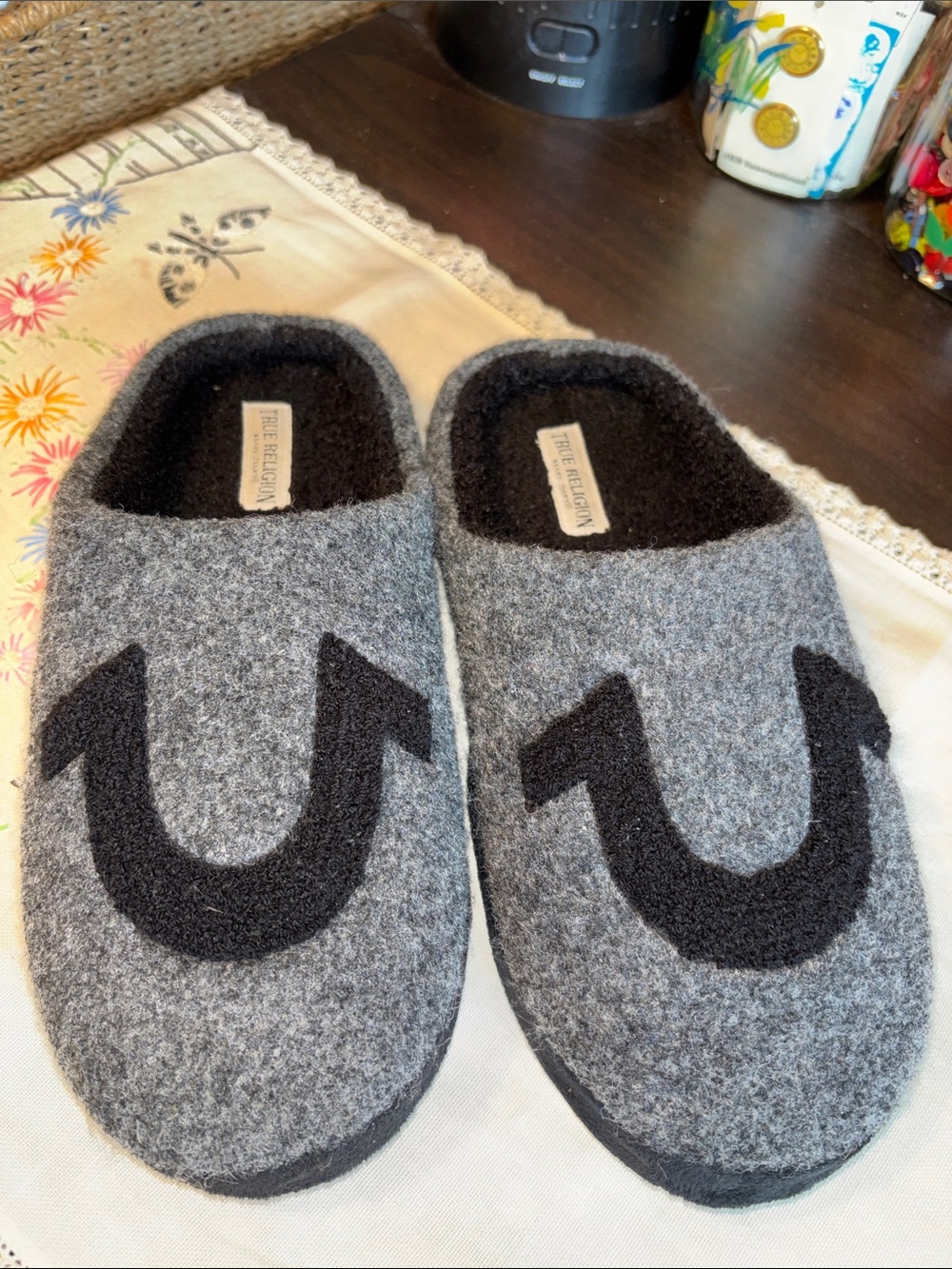 EUC True Religion Gray Felt Slip-On Loafers with Classic Horseshoe Logo Accent.